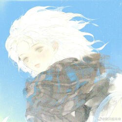 Rule 34 | 1girl, absurdres, black scarf, blue sky, chinese commentary, closed mouth, commentary request, day, expressionless, floating hair, grey eyes, highres, light blush, looking ahead, medium hair, original, outdoors, pink lips, plaid clothes, plaid scarf, scarf, shirt, sky, solo, thick lips, upper body, watermark, weibo watermark, white hair, white shirt, wind, wo kaiqi chelai