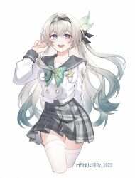 1girl artist_name black_hairband bow bowtie buttons commentary cropped_legs double-breasted firefly_(honkai:_star_rail) firefly_(spring_missive)_(honkai:_star_rail) green_bow green_bowtie green_hair grey_hair grey_skirt hairband hamu_(rz_1023) highres honkai:_star_rail honkai_(series) long_hair long_sleeves looking_at_viewer multicolored_hair official_alternate_costume plaid_clothes plaid_skirt pleated_skirt purple_eyes school_uniform shirt simple_background skirt solo symbol-only_commentary thighhighs twitter_username two-tone_hair white_background white_shirt white_thighhighs