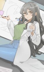 Rule 34 | 1girl, absurdres, blue pants, breasts, brown eyes, coat, coffee mug, commentary request, cowboy shot, cup, denim, dutch angle, futaba rio, glasses, green shirt, grey hair, hair between eyes, hands up, highres, holding, holding cup, holding marker, indoors, jeans, knowname, lab coat, long hair, looking at viewer, marker, mixed-language commentary, mug, open clothes, open coat, open mouth, pants, partial commentary, seishun buta yarou, shirt, sitting, solo, twitter username, very long hair, white coat, whiteboard