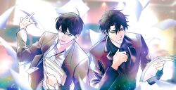 2boys :d :| adjusting_clothes adjusting_necktie black_hair black_shirt black_suit blue_eyes blurry blurry_background closed_mouth collared_shirt expressionless flying_paper formal_clothes from_above grin hair_between_eyes holding holding_paper id_card jacket kim_dokja light_particles looking_at_viewer male_focus multiple_boys necktie omniscient_reader&#039;s_viewpoint open_mouth outstretched_hand paper paper_stack raya_(000_unseen) saturated shirt short_hair smile suit upper_body white_shirt yellow_jacket yoo_joonghyuk
