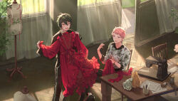 Rule 34 | 2boys, black hair, black jacket, black pants, blue eyes, dress, ensemble stars!, hair between eyes, heterochromia, highres, indoors, itsuki shu, jacket, kagehira mika, long sleeves, mademoiselle (ensemble stars!), male focus, multiple boys, open mouth, pants, pink hair, red dress, short bangs, short hair, yellow eyes, yutsumoe