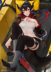 1girl absurdres arknights black_hair black_nails black_shorts black_thighhighs breasts brown_eyes commission couch crop_top feet fingernails grey_socks hand_on_own_chest highres holding holding_sword holding_weapon horns layered_legwear looking_at_viewer lying lys_(atelier951) material_growth micro_shorts midriff multicolored_hair nail_polish navel non-web_source on_back on_couch original oripathy_lesion_(arknights) parted_lips pillow pointy_ears ponytail red_hair shirt shorts signature socks socks_over_thighhighs solo stirrup_legwear streaked_hair sword tail thighhighs thighs toeless_legwear two-tone_hair unsomnus weapon white_shirt