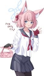 1girl absurdres animal_ear_fluff animal_ears bag blue_archive blue_eyes blue_halo blush bob_cut commentary_request cowboy_shot fingerless_gloves fox_ears fox_girl gloves halo hand_up highres long_sleeves looking_at_viewer neckerchief niko_(blue_archive) outstretched_hand pantyhose pink_hair red_neckerchief sailor_collar school_uniform serafuku shirt short_hair simple_background skirt smile solo waving white_background youjinbou_(lizardman730)