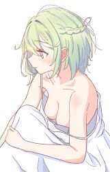 1girl absurdres aqua_eyes bare_shoulders blush breasts chaeeunhan124 cleavage closed_mouth downblouse dress from_side green_hair hair_between_eyes hanging_breasts highres medium_breasts medium_hair multicolored_eyes multicolored_hair purple_eyes simple_background sitting solo stellive strap_slip streaked_hair thick_eyelashes two-tone_eyes virtual_youtuber white_background white_dress white_streaks yuzuha_riko