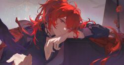 Rule 34 | 1boy, absurdres, black choker, black shirt, bolooofan, choker, closed mouth, diluc (genshin impact), elbow rest, flower, genshin impact, highres, long hair, long sleeves, looking at viewer, male focus, open clothes, open shirt, parted bangs, red eyes, red flower, red hair, red rose, rose, sample watermark, shirt, smile, solo, upper body, watermark