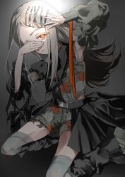 Rule 34 | 1girl, absurdres, armpits, asymmetrical clothes, asymmetrical sleeves, belt, black belt, commentary request, contrast (idolmaster), covering one eye, detached sleeves, expressionless, floral print, gakuen idolmaster, grey background, grey hair, grey thighhighs, hair ornament, hairclip, highres, idolmaster, lace, lace-trimmed shirt, lace trim, long hair, looking at viewer, mismatched sleeves, moffumoto, official alternate costume, orange eyes, orange ribbon, parted lips, ribbon, shinosawa hiro, shirt, shorts, simple background, solo, thighhighs