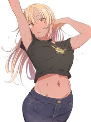 1girl absurdres armpit_peek black_choker black_shirt blonde_hair breasts choker commentary commission denim eitopondo english_commentary hibiki_(macqus) highres jeans midriff mole mole_under_eye navel navel_piercing orange_eyes original pants piercing shirt skeb_commission solo stomach sweat sweatdrop tan tanline