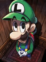 Rule 34 | 1boy, blue overalls, brown hair, facial hair, from above, gloves, green hat, green shirt, hat, highres, indoors, luigi, luigi&#039;s mansion, male focus, mario (series), mustache, nintendo, overalls, shirt, short hair, solo, sweatdrop, white gloves, yamari (ya mari 6363)
