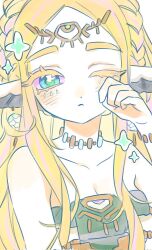 Rule 34 | 1girl, animal ears, blonde hair, blue eyes, braid, breasts, cleavage, closed mouth, collarbone, colored eyelashes, colored sclera, commentary, crown braid, didi en ilu, earrings, green pupils, highres, jewelry, long hair, looking at viewer, nintendo, one eye closed, pink sclera, princess zelda, solo, symbol-only commentary, the legend of zelda, the legend of zelda: tears of the kingdom, upper body