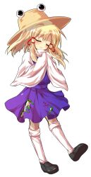 1girl alphes_(style) animal_print blonde_hair blush brown_hat brown_shoes closed_eyes closed_mouth commentary_request dairi frog_hat frog_print full_body hair_ribbon hat large_variant_set loafers long_hair long_sleeves moriya_suwako parody purple_skirt purple_vest red_ribbon ribbon shoes skirt skirt_set smile socks solo style_parody tachi-e tearing_up touhou transparent_background tress_ribbon variant_set vest white_socks wide_sleeves