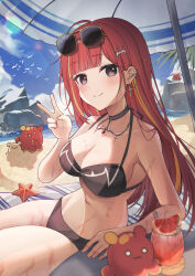 1girl :3 absurdres akane_lize beach beach_umbrella bikini bird black_bikini black_choker black_eyes blonde_hair blue_sky blunt_bangs blush breasts choker cleavage closed_mouth cloud cup day drink drinking_straw ear_piercing earrings eyelashes eyewear_on_head fang fishing fishing_rod food fruit hair_ornament highres holding holding_fishing_rod jewelry lens_flare long_hair looking_at_viewer multicolored_hair necklace o_o open_mouth outdoors piercing red_hair rock sand sand_sculpture shan_(ti0n) sky smile starfish stellive streaked_hair sunglasses swimsuit umbrella v virtual_youtuber wet
