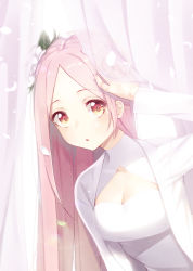 1girl absurdres blush breasts brown_eyes cleavage cleavage_cutout clothing_cutout commentary_request curtains dress female_focus flower forehead hair_flower hair_ornament highres leaning_forward long_hair looking_at_viewer medium_breasts original parted_bangs parted_lips petals pink_hair solo the_cold very_long_hair white_dress white_flower