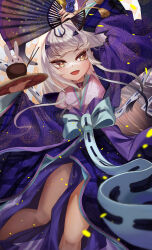 1girl 2023 absurdres arm_up bare_legs blue_bow blue_kimono blue_ribbon bow bowl choker chopsticks commentary dated_commentary fairy_knight_lancelot_(dream_portrait)_(fate) fate/grand_order fate_(series) feet_out_of_frame forked_eyebrows grey_hair hand_fan hand_up highres holding holding_fan holding_tray japanese_clothes karaginu_mo kimono layered_clothes layered_kimono long_hair long_sleeves looking_at_viewer m0_chi melusine_(dream_portrait)_(fate) melusine_(fate) multicolored_kimono open_mouth paper_fan patterned_clothing purple_choker purple_kimono rabbit ribbon sash sidelocks smile solo tray wide_sleeves yellow_eyes score:14 rating:general Rule 34 | 1girl, 2023, absurdres, arm up, bare legs, blue bow, blue kimono, blue ribbon, bow, bowl, choker, chopsticks, commentary, dated commentary, fairy knight lancelot (dream portrait) (fate), fate/grand order, fate (series), feet out of frame, forked eyebrows, grey hair, hand fan, hand up, highres, holding, holding fan, holding tray, japanese clothes, karaginu mo, kimono, layered clothes, layered kimono, long hair, long sleeves, looking at viewer, m0 chi, melusine (dream portrait) (fate), melusine (fate), multicolored kimono, open mouth, paper fan, patterned clothing, purple choker, purple kimono, rabbit, ribbon, sash, sidelocks, smile, solo, tray, wide sleeves, yellow eyes