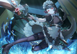 1girl belt black_dress black_hair black_pantyhose black_shoes breasts celtreny chain closed_mouth collar colored_inner_hair commentary covered_erect_nipples dress ellen_joe english_commentary fins fish_tail frilled_wrist_cuffs frills full_body hair_ornament hairband high_heels highres holding holding_scythe ice large_breasts maid maid_headdress metal_collar metal_hairband metal_wrist_cuffs mole mole_under_eye multicolored_hair nail_polish pantyhose puffy_short_sleeves puffy_sleeves pumps red_eyes red_hair red_nails scythe shark_girl shark_tail shoes short_hair short_sleeves solo tail two-tone_hair unconventional_maid wrist_cuffs zenless_zone_zero