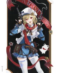 Rule 34 | 1girl, :d, bear, beret, black gloves, blonde hair, commentary request, cowboy shot, dual wielding, fingerless gloves, girls&#039; frontline, girls&#039; frontline 2: exilium, gloves, gun, handgun, hands up, hat, hat feather, highres, holding, long sleeves, looking at viewer, medium hair, nagant (girls&#039; frontline 2), nagant m1895, nagant revolver (girls&#039; frontline), open mouth, red eyes, red ribbon, red scarf, revolver, ribbon, scarf, simple background, smile, smoke, smoking barrel, solo, standing, thighhighs, vvv rendez, weapon, white hat, white thighhighs