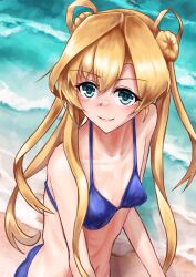 Rule 34 | 1girl, abukuma (kancolle), beach, bikini, blonde hair, blue bikini, blue eyes, breasts, commentary request, double bun, hair bun, hair rings, highres, kantai collection, long hair, meme, navel, ocean, owada (kousonhuchi), sailor moon redraw challenge (meme), small breasts, smile, solo, swimsuit, twintails, waves