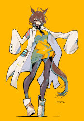 1girl absurdres agnes_tachyon_(umamusume) ahoge animal_ears artist_name black_necktie black_pantyhose black_shirt boots breasts brown_hair chemical_structure coat collared_shirt cork earrings hair_between_eyes high_heels highres horse_ears horse_girl horse_tail jewelry lab_coat long_sleeves medium_breasts medium_hair necktie open_mouth pantyhose red_eyes ringring_(artist) shirt short_necktie signature simple_background single_earring sleeves_past_fingers sleeves_past_wrists smile solo standing sweater tail test_tube umamusume white_background white_boots white_coat wolf_cut yellow_background yellow_sweater