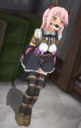 1girl @_@ arms_behind_back assault_lily ball_gag barrel bdsm black_thighhighs blush bondage bound bound_arms bound_legs bound_torso breasts brown_shoes buttons collared_shirt commentary_request covered_erect_nipples crotch_rope endou_araya femuto frilled_shirt frilled_skirt frills full_body gag gagged hairpods high-waist_skirt highres indoors legs_together loafers long_hair looking_ahead medium_breasts miniskirt nipple_clamps nipple_stimulation nose_blush parted_lips pink_hair raised_eyebrows red_eyes remote_control_vibrator restrained rope school_uniform sex_toy shadow shibari shibari_over_clothes shirt shoes skirt sleeveless sleeveless_shirt solo suspender_skirt suspenders suspension sweat teeth thighhighs tiptoes upper_teeth_only very_long_hair vibrator vibrator_on_nipple white_shirt yurigaoka_girls_academy_school_uniform zettai_ryouiki