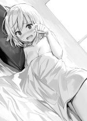 1girl blanket blush breasts cleavage commentary_request covering_privates embarrassed greyscale hand_up head_on_pillow indoors large_breasts looking_at_viewer lying momoko_(momopoco) monochrome novel_illustration nude nude_cover official_art on_bed on_side open_mouth oshiego_ni_kyouhaku_sareru_no_wa_hanzai_desu_ka? pillow second-party_source short_hair solo sweat under_covers yayaya_yaya