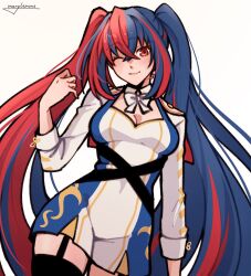 1girl alternate_hairstyle blue_hair breasts crossed_bangs female_alear_(fire_emblem) fire_emblem fire_emblem_engage hair_between_eyes highres long_hair looking_at_viewer medium_breasts merylemons multicolored_hair nintendo one_eye_closed red_eyes red_hair split-color_hair tiara two-tone_hair very_long_hair