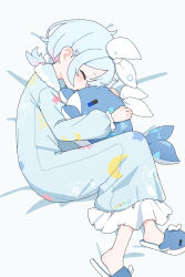 absurdres ame_miya_ta arona_(blue_archive) bed bed_sheet blue_archive blue_hair blush closed_eyes frills highres hugging_plushie long_sleeves lying multicolored_hair nightgown on_side pijamas short_hair sleeping stuffed_toy two-tone_hair very_short_hair