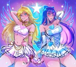 2girls ahoge arm_behind_head arm_up armlet bare_arms bare_legs bare_shoulders blonde_hair blue_bow blue_choker blue_eyes blue_hair bow breasts choker colored_inner_hair commentary cowboy_shot dress elbow_gloves english_commentary frilled_choker frilled_dress frilled_skirt frills gloves hair_bow heart highres iahfy jewelry large_breasts long_hair looking_at_viewer midriff multicolored_hair multiple_girls navel panty_&amp;_stocking_with_garterbelt panty_(psg) parted_lips pink_hair skirt smile star_(symbol) stocking_(psg) strapless strapless_dress thighs two-tone_hair very_long_hair white_gloves white_skirt