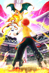 2boys afro belt black_pants charizard commentary_request dragon dragon_wings embers fangs fire flint_(pokemon) flying from_behind gen_1_pokemon gen_4_pokemon highres infernape leon_(pokemon) male_focus midair multiple_boys nintendo open_mouth pants pokemon pokemon_(anime) pokemon_(creature) pokemon_battle pokemon_journeys red_belt red_hair sei38 shirt short_sleeves stadium standing wings yellow_shirt