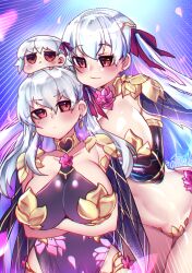 3girls alternate_breast_size arms_under_breasts artist_name blush bow breasts chibi chibi_on_head cleavage commentary crossed_arms dress earrings english_commentary falling_petals fate/grand_order fate_(series) floral_print gold_choker hair_between_eyes hair_bow highres jewelry kama_(fate) kama_(second_ascension)_(fate) kama_(third_ascension)_(fate) large_breasts long_hair looking_at_another multiple_girls multiple_persona on_head osiimi parted_lips petals pout purple_dress red_bow red_eyes revealing_clothes sleeveless sleeveless_dress smile white_hair