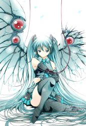 1girl android detached_sleeves female_focus hair_ribbon hatsune_miku highres long_hair moonsorrow ribbon solo thighhighs twintails vocaloid wings zettai_ryouiki