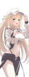 1girl artoria_caster_(fate) artoria_caster_(swimsuit_berserker)_(fate) artoria_caster_(swimsuit_berserker)_(first_ascension)_(fate) artoria_pendragon_(fate) asymmetrical_clothes baseball_cap bikini black_pants blonde_hair blush breasts cleavage commentary_request cropped_jacket fate/grand_order fate_(series) green_eyes hat highres jacket long_hair long_sleeves looking_at_viewer medium_breasts navel open_mouth pants shrug_(clothing) single_pantsleg smile swimsuit thighs twintails umi_endu white_bikini white_hat white_jacket