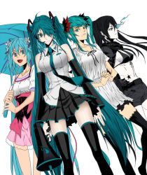 Rule 34 | 10s, 4girls, aqua eyes, aqua hair, bikini, bikini top only, black hair, black rock shooter, black rock shooter (character), black thighhighs, blue eyes, blue hair, creator connection, dress, hair over one eye, hatsune miku, koi wa sensou (vocaloid), kokonoo no ginkou, long hair, megaphone, melt (vocaloid), multiple girls, necktie, open mouth, shorts, skirt, songover, swimsuit, thighhighs, twintails, umbrella, very long hair, vocaloid, world is mine (vocaloid)
