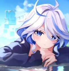 Rule 34 | 1girl, absurdres, alternate costume, blue hair, blue nails, blue shirt, blush, cloud, colored inner hair, commentary, cowlick, drop-shaped pupils, expressionless, eyes visible through hair, furina (genshin impact), genshin impact, hair between eyes, hair intakes, highres, light blue hair, looking at viewer, medium hair, mismatched pupils, multicolored hair, no nose, sazanka, shirt, solo, symbol-shaped pupils, upper body, water, white hair