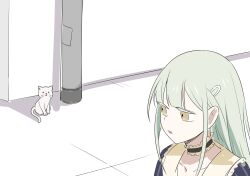 1girl animalization bang_dream! bang_dream!_it&#039;s_mygo!!!!! black_choker cat choker collarbone commentary dated_commentary frilled_choker frills green_hair hair_ornament hairclip highres kaname_raana long_hair lower_teeth_only open_mouth raana_the_cat sidelocks solo teeth wakaba_mutsumi yellow_eyes yzj21333