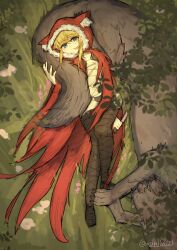 1girl animal_hood black_bra black_panties black_souls black_thighhighs blonde_hair blue_eyes bra cape closed_mouth commentary_request dog flower full_body fur-trimmed_hood fur_trim grass highres holding holding_knife hood hood_up hooded_cape knife looking_at_viewer lying on_back on_grass panties poro_(black_souls) red_hood_(black_souls) sidelocks solo thighhighs twitter_username underwear xun_lin_(pixiv_93392103)