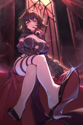 1girl absurdres ahoge black_dress black_hair black_shoes braid braided_ponytail breasts cleavage commission crossed_legs detached_sleeves dress finger_to_mouth high_heels highres ky_dako large_breasts legs long_hair long_sleeves looking_at_viewer multiple_thigh_straps original purple_eyes shoe_dangle shoes sitting smile solo thigh_strap thighs very_long_hair