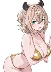 1girl absurdres animal_ears arm_under_breasts ass bikini blonde_hair breasts butt_crack cleavage danimocles gold_bikini green_eyes highres indie_virtual_youtuber large_breasts looking_at_viewer nimi_nightmare one_side_up open_mouth simple_background swimsuit tapir_ears tapir_girl virtual_youtuber white_background