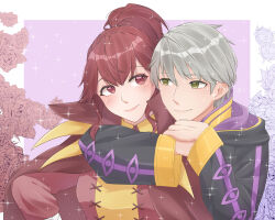 1boy 1girl anna_(fire_emblem) black_robe closed_mouth commentary couple english_commentary fire_emblem fire_emblem_awakening hetero highres hooded_robe hug hug_from_behind long_hair long_sleeves male_robin_(fire_emblem) nintendo ponytail red_eyes red_hair robe royyahn second-party_source short_hair smile sparkle white_hair yellow_eyes