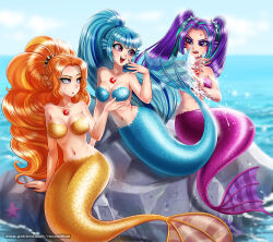 3girls adagio_dazzle adagio_dazzle_(human) adagio_dazzle_(siren) angry aqua_hair aria_blaze aria_blaze_(human) aria_blaze_(siren) arm_support blue_hair blue_scales blue_tail blunt_bangs breasts cloud commentary curly_hair day english_commentary fins full_body gem head_fins high_ponytail large_breasts long_hair looking_at_another mermaid monster_girl multicolored_hair multiple_girls my_little_pony my_little_pony:_equestria_girls my_little_pony:_friendship_is_magic navel nude open_mouth orange_hair orange_scales orange_tail outdoors personification pink_eyes ponytail purple_eyes purple_hair purple_scales purple_tail racoon-kun red_eyes red_gemstone rock scales sidelocks sitting sky sonata_dusk sonata_dusk_(human) sonata_dusk_(siren) splashing starfish streaked_hair twintails very_long_hair water watermark web_address