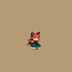1girl animal_ears animated animated_png bow braid brown_background cat_ears cat_tail dress extra_ears flaming_skull green_bow green_dress hair_bow kaenbyou_rin lowres multiple_tails nekomata pixel_art red_eyes red_hair skull solo tail tea_basira touhou twin_braids two_tails