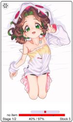 1girl aya_shachou breasts brown_hair commentary_request dissolving_clothes fake_screenshot full_body green_eyes green_hair highres hood hoodie loli loose_socks lying morino_megumi_(aya_shachou) multicolored_hair on_back open_mouth original small_breasts smile snake_hood socks solo two-tone_hair