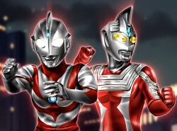 2boys alien aqua_gemstone armor blurry blurry_background breastplate building city city_lights cityscape clenched_hands color_timer colored_skin commentary compound_eyes crystal dorsal_fin eye_slugger fighting_stance forehead_jewel gem giant glowing glowing_eyes hands_up hanejidyna86 highres looking_ahead male_focus multicolored_skin multiple_boys night night_sky open_hands outdoors pectorals red_skin shoulder_armor silver_skin sky skyscraper standing tokusatsu toned toned_male twitter_username two-tone_skin ultra_series ultraman_neos ultraman_neos_(series) ultraseven_21 upper_body white_eyes wrinkled_skin yellow_eyes