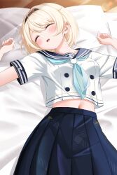 1girl 4kimizuki absurdres black_hairband blonde_hair blue_neckerchief blue_sailor_collar blue_skirt blush closed_eyes commentary_request hairband highres hololive kazama_iroha lying midriff navel neckerchief on_back open_mouth paid_reward_available pleated_skirt sailor_collar school_uniform serafuku shirt short_hair short_sleeves skirt sleeping solo variant_set virtual_youtuber white_shirt
