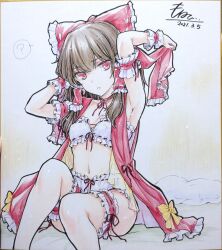 1girl ? alternate_costume armpits bloomers bow bra breasts brown_hair closed_mouth commentary_request dated frilled_bow frilled_hair_tubes frilled_thigh_strap frills hair_bow hair_tubes hakurei_reimu highres long_hair looking_at_viewer midriff miko_day monety navel red_bow red_eyes shikishi signature sitting small_breasts solo spoken_question_mark thigh_strap touhou traditional_media underwear white_bloomers white_bra wrist_cuffs