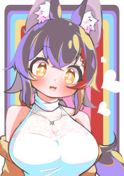 1girl :d animal_ear_fluff animal_ears black_hair blush breasts brown_eyes commentary_request fangs heart highres hololive kani_bonara large_breasts multicolored_hair off_shoulder ookami_mio ookami_mio_(street) open_mouth rainbow_background red_hair sleeveless sleeveless_sweater smile solo streaked_hair sweater upper_body virtual_youtuber wolf_ears wolf_girl