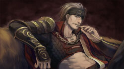 Rule 34 | 1boy, abs, armor, beard, blonde hair, brown eyes, chain, coat, facial hair, headband, hojo ujiyasu, jewelry, male focus, muscular, muscular male, necklace, scar, sengoku musou, smile, smoking, smoking pipe, stubble, yoshicha