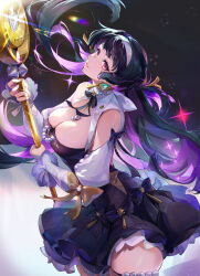1girl absurdres astra_yao astra_yao_(chandelier) black_dress breasts bridal_gauntlets cleavage cowboy_shot dress fanqie_zhupie_jiang hairband highres holding holding_microphone_stand jewelry large_breasts long_hair looking_at_viewer microphone_stand necklace official_alternate_costume pearl_necklace red_eyes thigh_beads uneven_bangs white_bridal_gauntlets white_hairband zenless_zone_zero