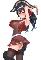 1girl armpits ascot ass belt bicorne black_choker black_hat black_thighhighs blush breasts brooch brown_belt choker cosplay covered_erect_nipples cropped_jacket frilled_choker frilled_shirt_collar frills hair_ribbon hat highres hololive houshou_marine houshou_marine_(1st_costume) houshou_marine_(cosplay) jacket jewelry lace lace-trimmed_legwear lace-trimmed_thighhighs lace_trim large_breasts leather_belt leotard leotard_under_clothes licking_lips long_hair looking_at_viewer miniskirt nipples ookami_mio open_clothes open_jacket pirate_hat pleated_skirt red_ascot red_hair red_jacket red_ribbon red_skirt ribbon roke_(taikodon) see-through_clothes see-through_leotard skirt sleeveless sleeveless_jacket smile tail tail_wrap thighhighs tongue tongue_out virtual_youtuber white_background yellow_eyes