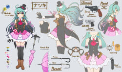 1girl ahoge ascot bare_shoulders belt black_belt black_gloves black_hat black_shirt blue_hair boots bullet color_guide cop_357 earrings elbow_gloves english_text explosive full_body gloves gradient_hair grenade gun handgun hat highres holding holding_umbrella holster holstered jewelry long_hair looking_ahead looking_at_viewer mini_hat mini_top_hat mixed-language_text multicolored_hair multicolored_skirt multiple_views original outstretched_arm pink_ascot pink_skirt pink_umbrella pointing_out_the_details reference_sheet revolver shirt shoulder_holster skirt stolas_(lemegeton) straight-on top_hat translation_request umbrella weapon white_skirt yellow_eyes