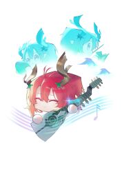 absurdres ciaccona_(wuthering_waves) closed_eyes closed_mouth commentary_request cube hair_between_eyes highres holding holding_instrument instrument multiple_persona no_humans objectification pink_hair pointy_ears shigureszku smile tree_horns wuthering_waves