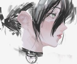 Rule 34 | 1girl, black choker, black hair, blush, chainsaw man, choker, choker pull, eyelashes, from side, gaku, green eyes, half-closed eyes, highres, lips, looking to the side, narrowed eyes, open mouth, portrait, reze (chainsaw man), simple background, solo, white background